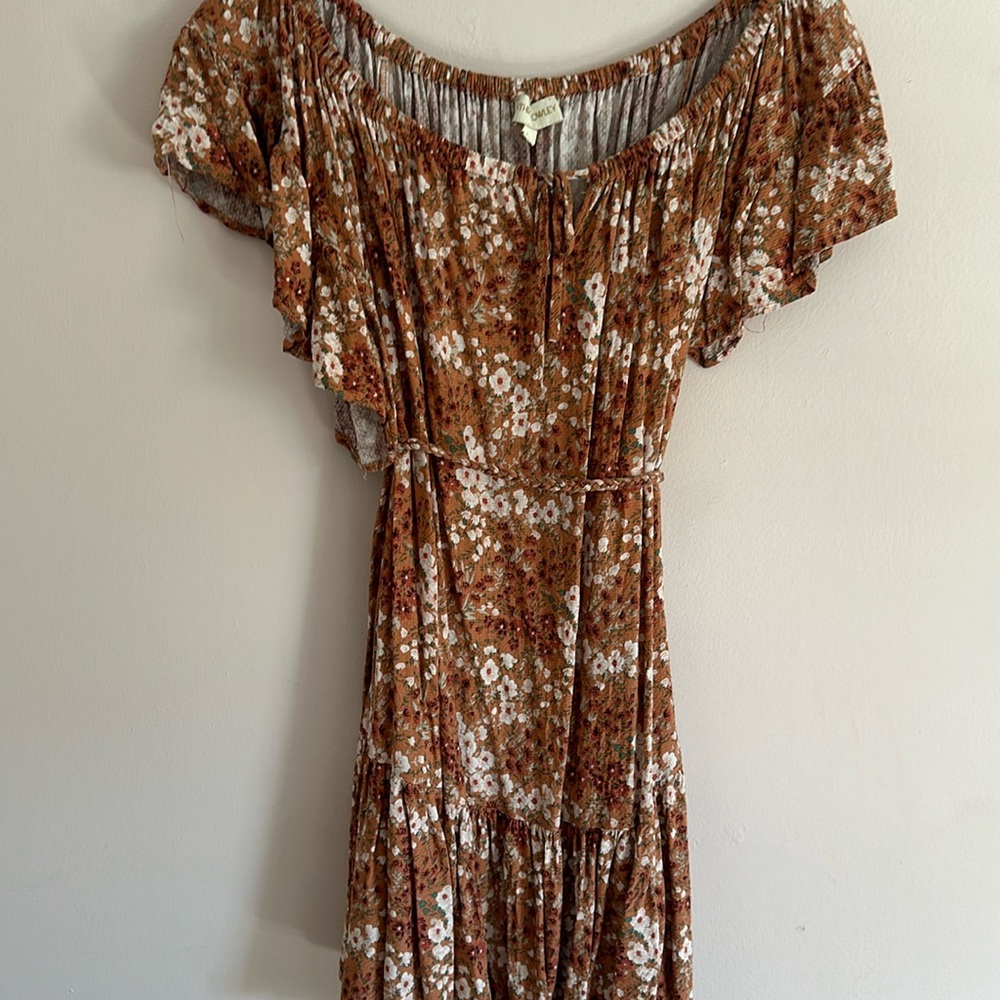 Neutral floral flowy dress with tassel ties